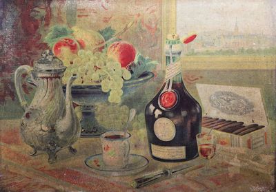 a painting of a bottle of wine and a cup of coffee on a table