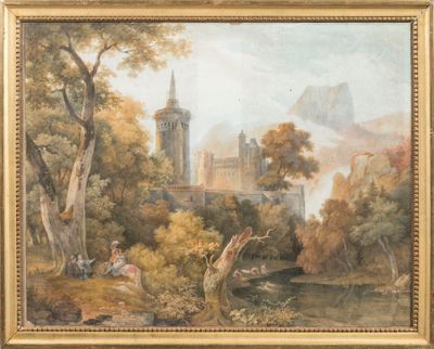 une image représentant un tableau d'un château situé dans une région boisée