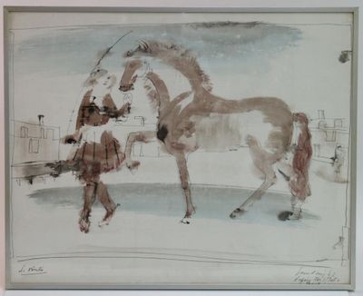 a drawing of a horse and a woman walking