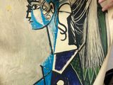 painting of a woman with a blue hat and glasses on her head