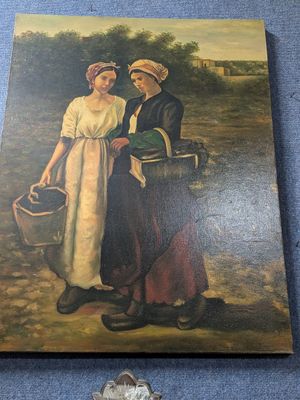 painting of a man and a woman standing next to each other on a blue carpet
