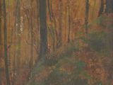 une peinture à l'huile représentant une scène boisée avec des arbres au premier plan