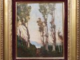 un tableau représentant un paysage avec des arbres et une montagne en arrière-plan