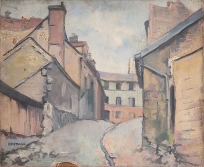 tableau représentant une scène de rue avec des bâtiments et un chien au premier plan