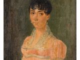 an old painting of a woman in a pink dress