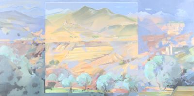 painting of a painting of a landscape with mountains in the background