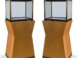 pair of wooden and glass display cases on pedestals