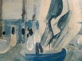 a painting of people on a boat in the water