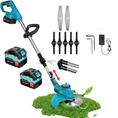 a corded grass trimmer with a battery and tools
