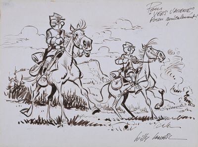 drawing of two men riding horses in a field with a sky in the background