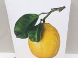 a picture of a lemon with a green leaf on it