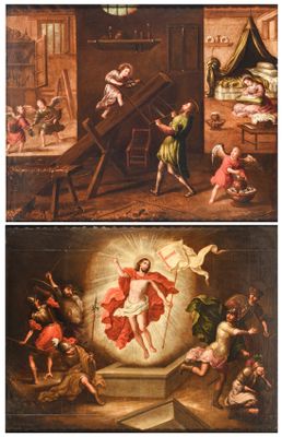 trois photos d'un tableau représentant une femme en robe de bal entourée d'anges