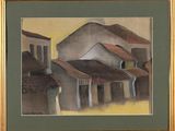 an oil painting of a building with a red roof in a gold frame