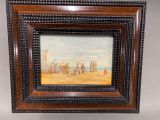 a painting of a group of people standing on a beach