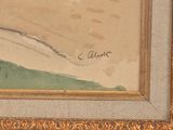 an image of a painting of a man on a beach with a surfboard