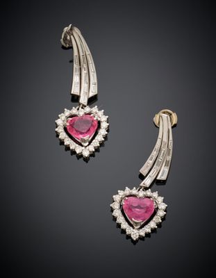 a pair of pink tourmaline and diamond earrings