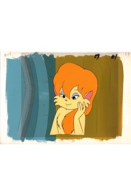 animation cel of a woman with orange hair and blue eyes looking out of a window