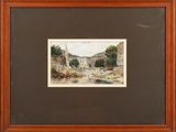 une peinture d'un paysage avec une rivière au premier plan
