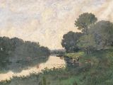 a painting of a river with people fishing on it