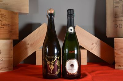 two bottles of wine sitting next to each other on a table