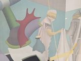 a painting on the wall of a room with people in it