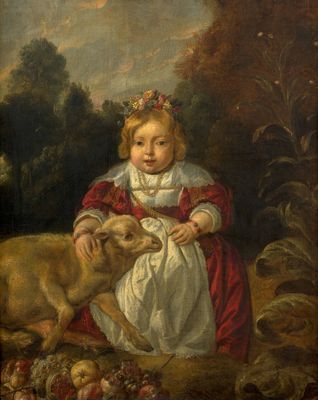 painting of a young girl with a dog in a wooded setting