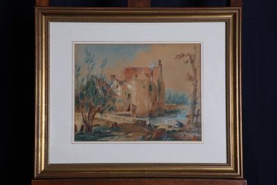 Ecole du XIXe siècle Paysage animé bord de rivière