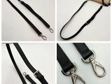 four different images of a black leather leash with a metal clasp