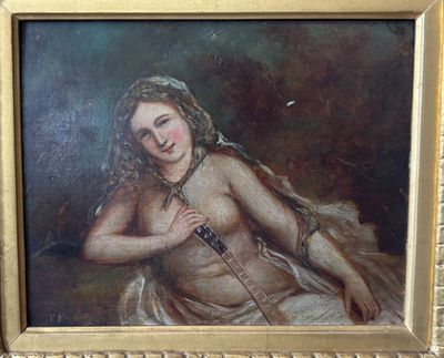 painting of a nude woman holding a sword in a gold frame