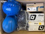 a box full of blue hard hats and other items