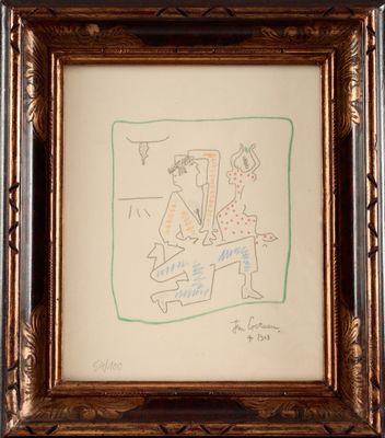 dessin encadré représentant un homme et une femme assis à une table