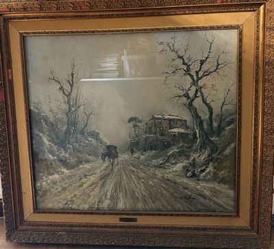 painting of a horse drawn carriage on a snowy road in front of a house