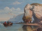 une peinture représentant des personnes sur un bateau dans l'eau