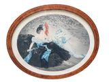 painting of a woman in a blue dress sitting on an ostrich