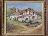une peinture à l'huile représentant une maison dans un cadre champêtre