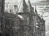 a black and white drawing of a building with a clock on it