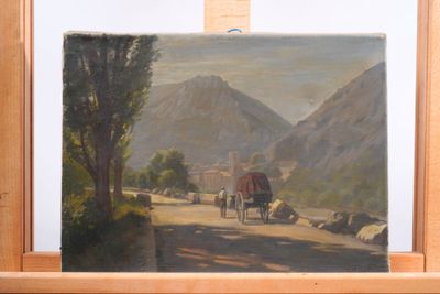 a painting of a horse drawn carriage on the road