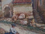 a painting of a man sitting on the ground in front of a building