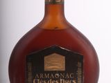 une photo d'une bouteille de brandy posée sur une surface blanche