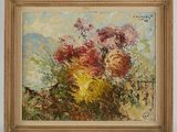 an oil painting of flowers in a vase on a table