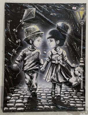 a painting of two children walking down the street