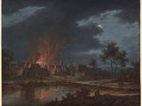 an image of a painting of a castle on fire with a full moon in the background