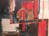 peinture abstraite composée de carrés et de rectangles rouges, noirs, blancs et bleus