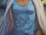 painting of a woman in a blue dress sitting on a bench