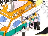a drawing of a food truck with people standing around it