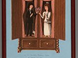 painting of a man and a woman opening a wardrobe with birds on it