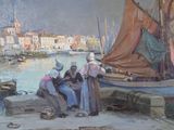a painting of a group of people standing on a dock