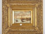 an oil painting of a ship in a body of water with birds flying over it