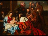 an image of a painting of a manger scene with a baby in a manger