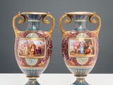 pair of vases decorated with a scene of the birth of jesus